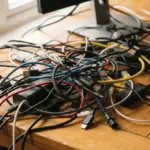 A chaotic jumble of various computer cables and chargers scattered across a wooden desk surface