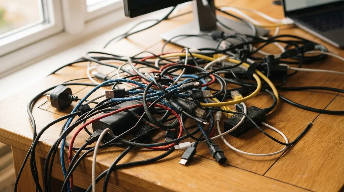A chaotic jumble of various computer cables and chargers scattered across a wooden desk surface