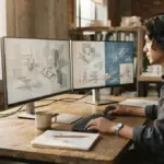 A man works at a wooden desk with two monitors displaying architectural sketches in an office space