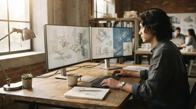 A man works at a wooden desk with two monitors displaying architectural sketches in an office space