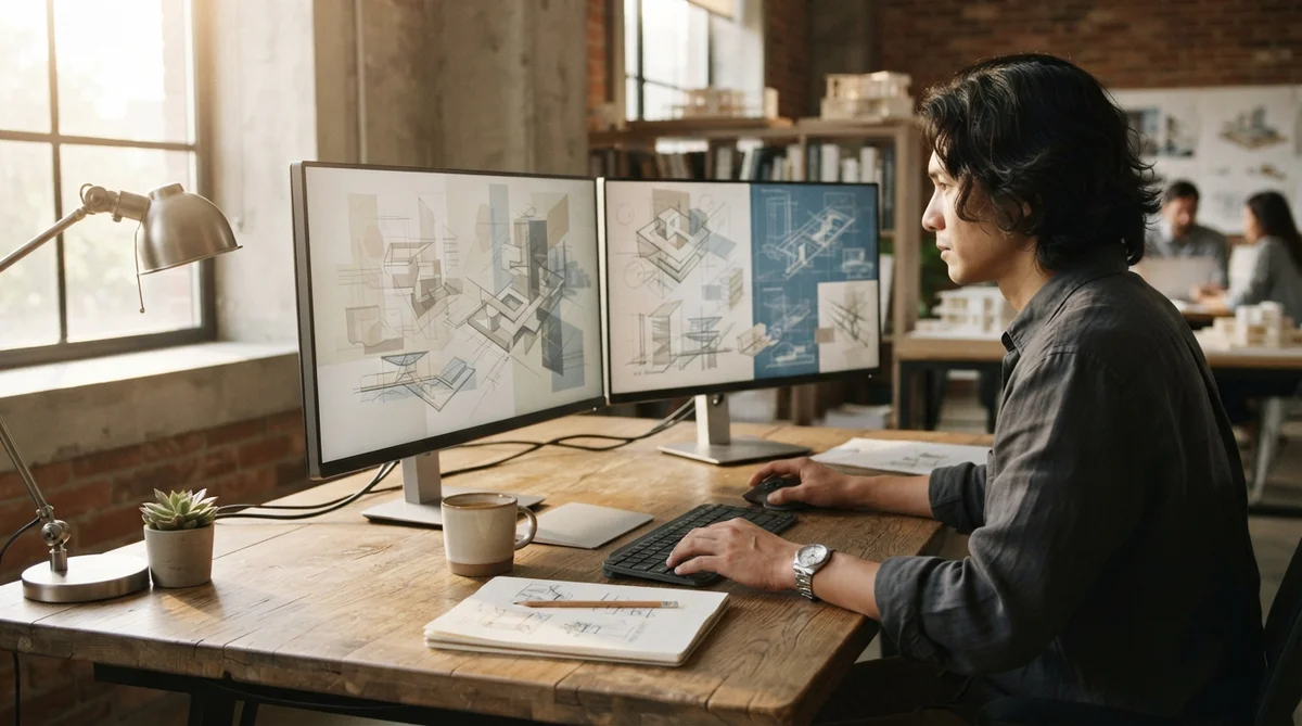 A man works at a wooden desk with two monitors displaying architectural sketches in an office space