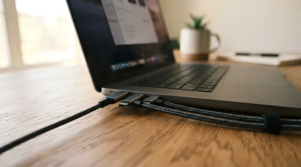 A close-up, low angle of meticulously organized USB-C cables neatly connected to a modern laptop on a warm wooden desk