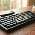 A black mechanical keyboard with blank keycaps sits on a wooden desk next to a ceramic mug