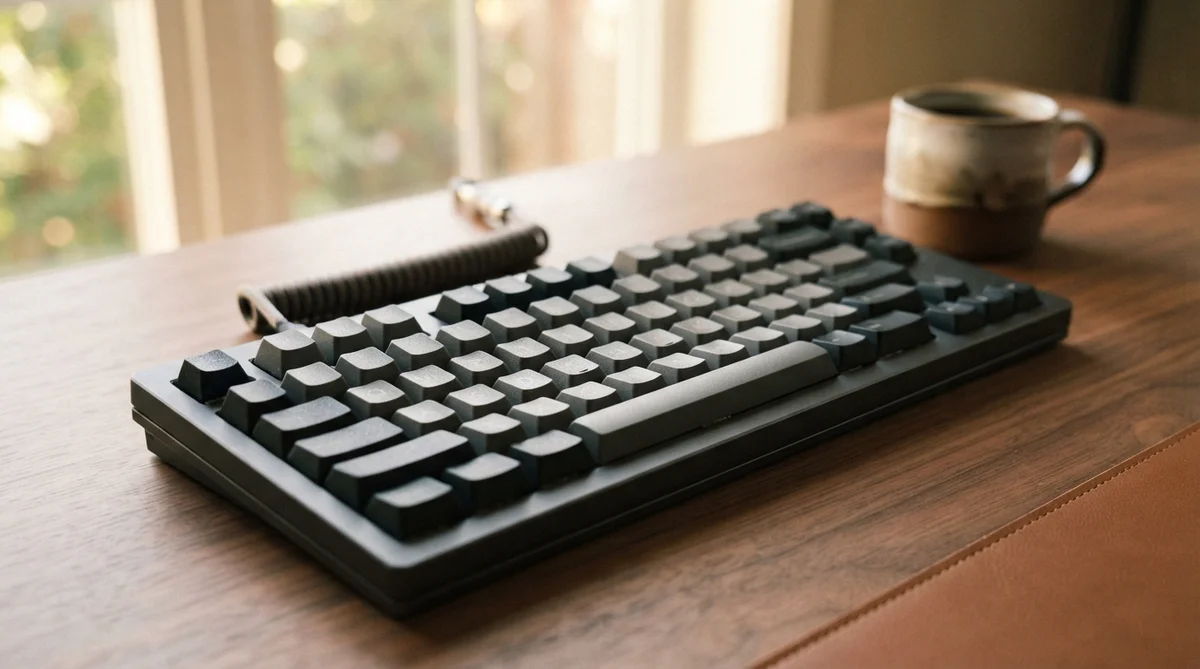 A black mechanical keyboard with blank keycaps sits on a wooden desk next to a ceramic mug