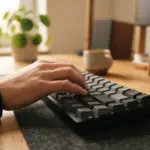 A hand resting on a mechanical keyboard atop a desk with a plant and computer monitor in the background
