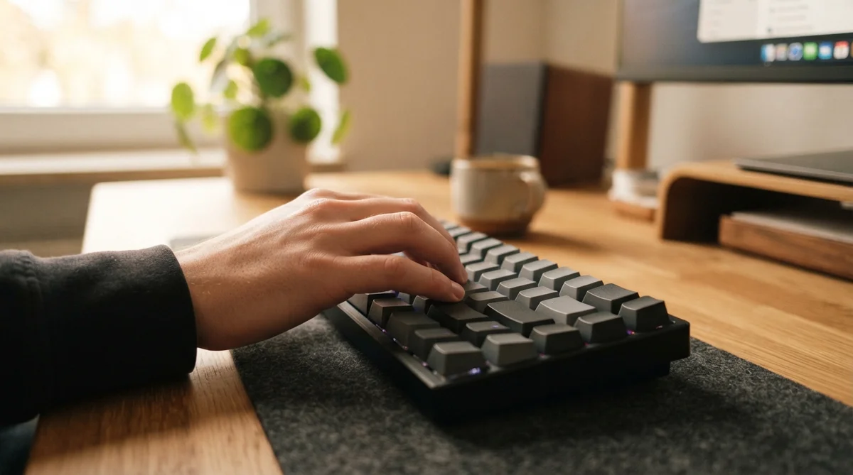 A hand resting on a mechanical keyboard atop a desk with a plant and computer monitor in the background