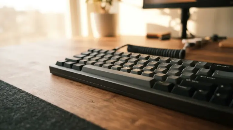 A dark mechanical keyboard with a coiled cable sits on a wooden desk with a potted plant behind it