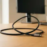 A single USB-C cable arranged in a continuous, flowing loop on a warm, uncluttered wooden desk in a modern workspace