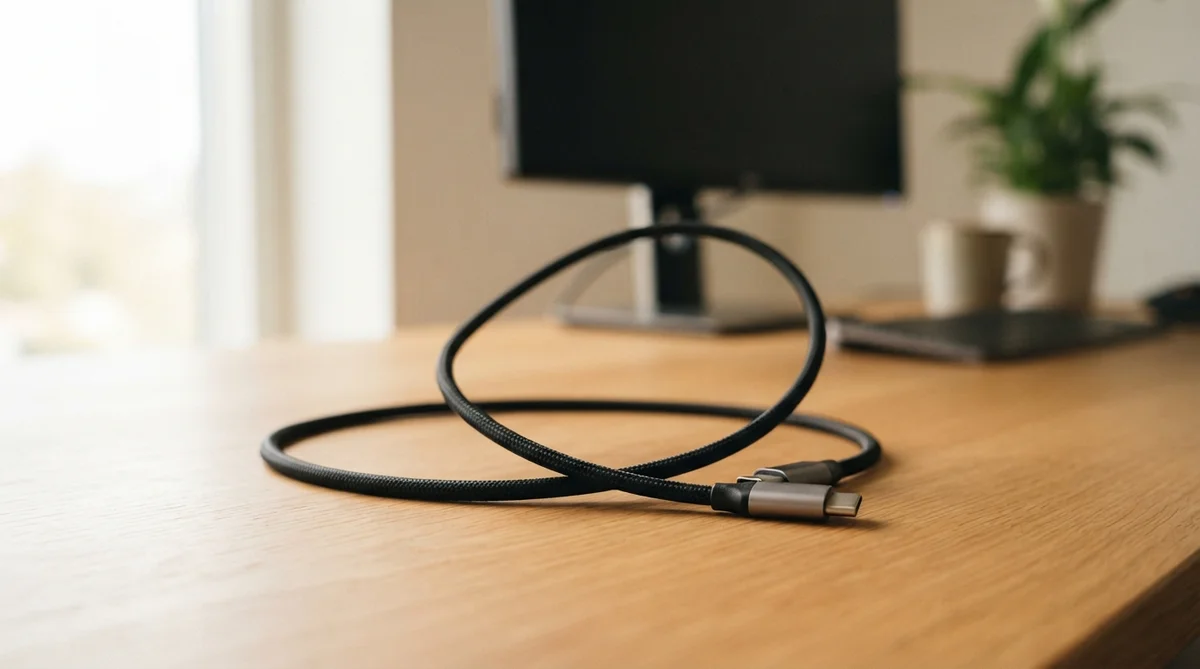 A single USB-C cable arranged in a continuous, flowing loop on a warm, uncluttered wooden desk in a modern workspace