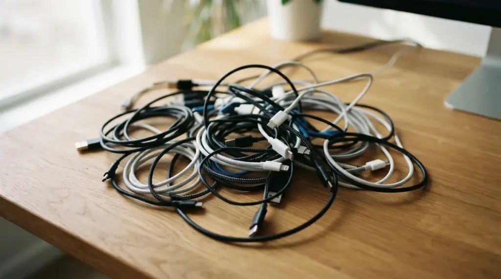 A dense tangle of USB cables, some neatly coiled, others slightly scattered, on an uncluttered warm oak desk