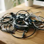 A dense tangle of USB cables, some neatly coiled, others slightly scattered, on an uncluttered warm oak desk