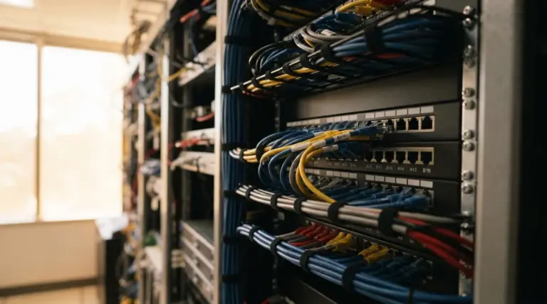 A server rack with organized blue, yellow, and red ethernet cables connected to network switches in an office space